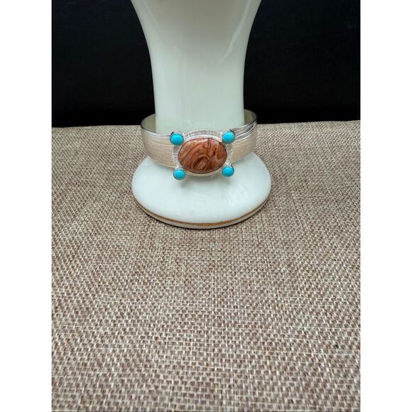 Southwestern Sterling Silver Cuff Bracelet – Jasper & Turquoise Stones – Artisan - Picture 1 of 7